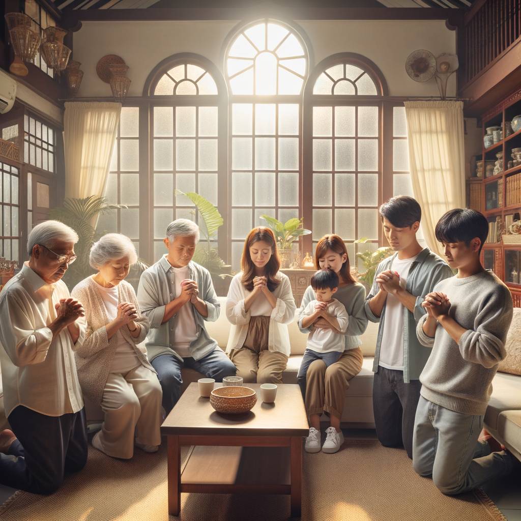 a multigenerational scene of a Christian family members engaged in prayer